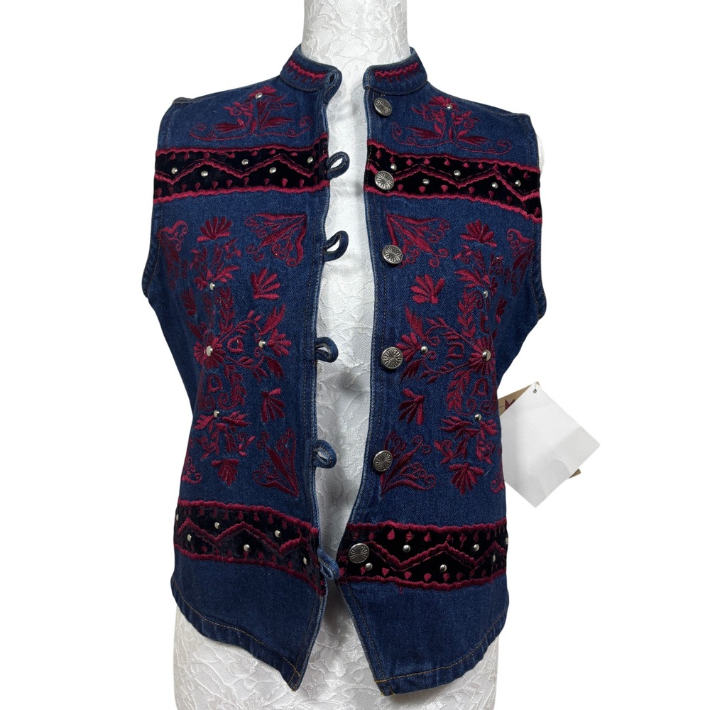 NWT Vintage Gordon & James Denim Co Blue Floral Studded Denim Vest Womens Small